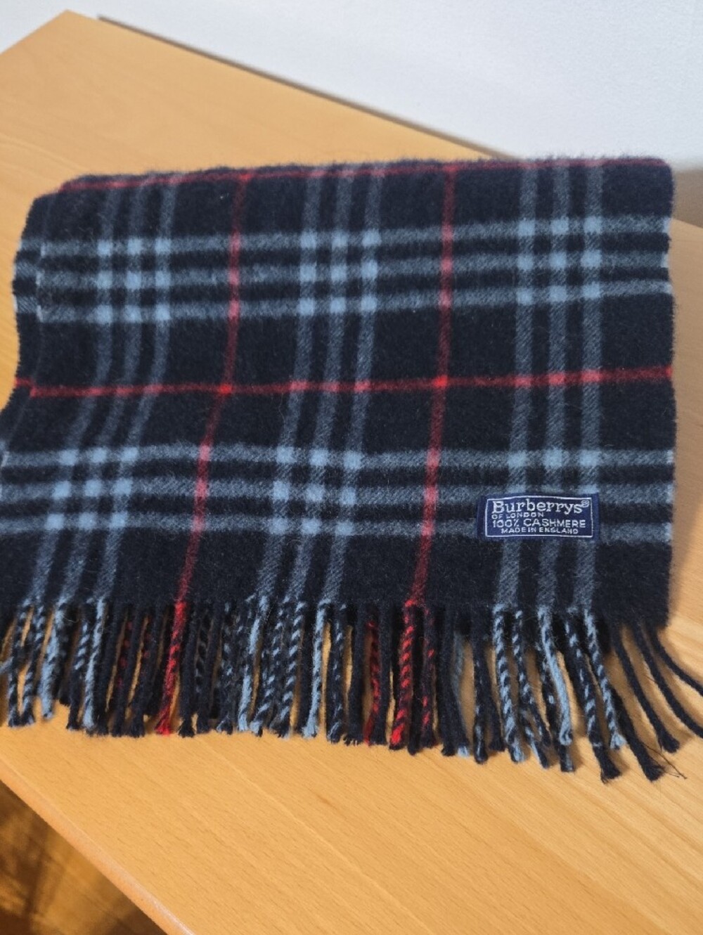Burberrys Plaid Cashmere Scarf with Red Blue Windowpane